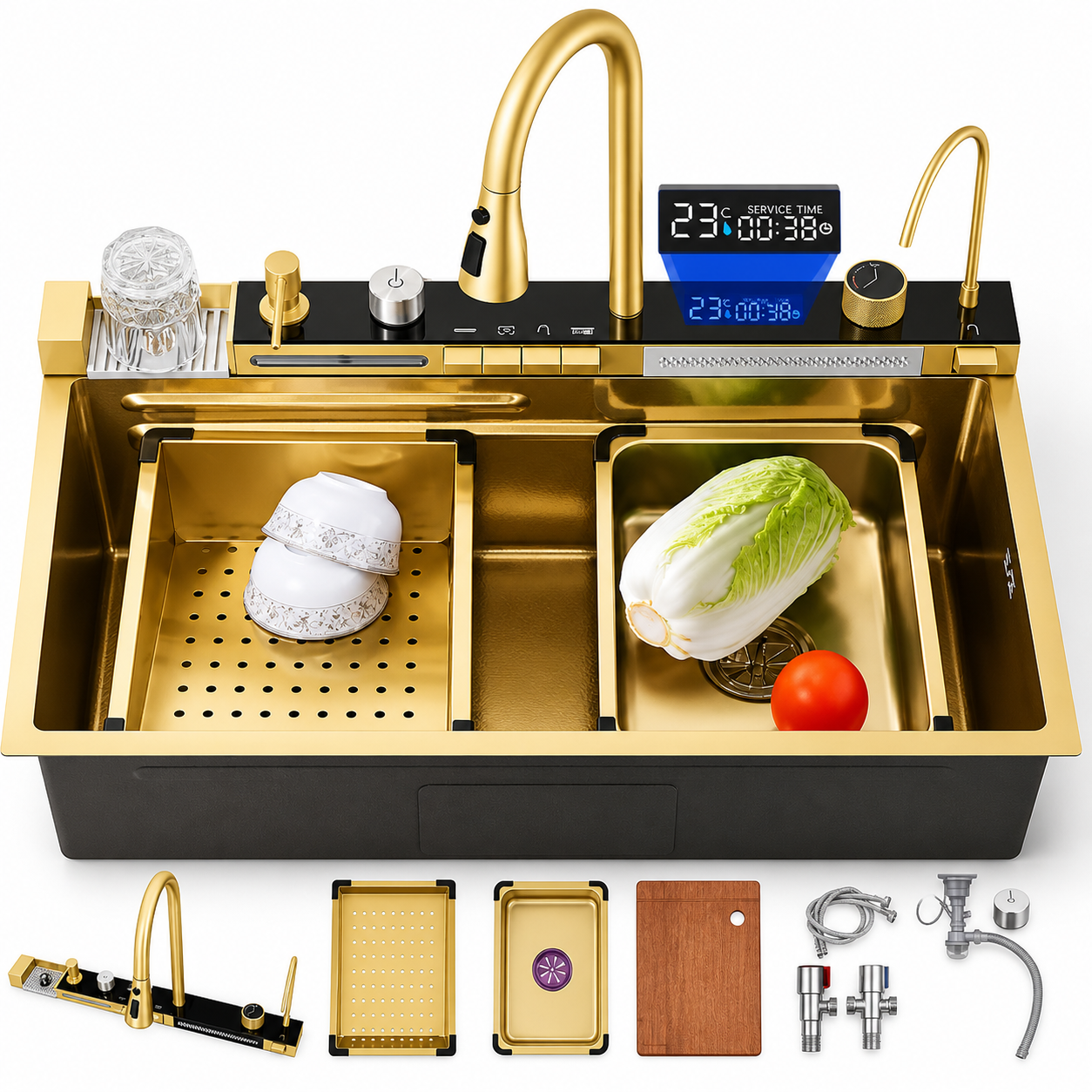 Chiuveta multifunctionala, 2 cascade, spalator pahar, dozator sapun, afisaj digital, accesorii incluse, 750x460 mm, auriu