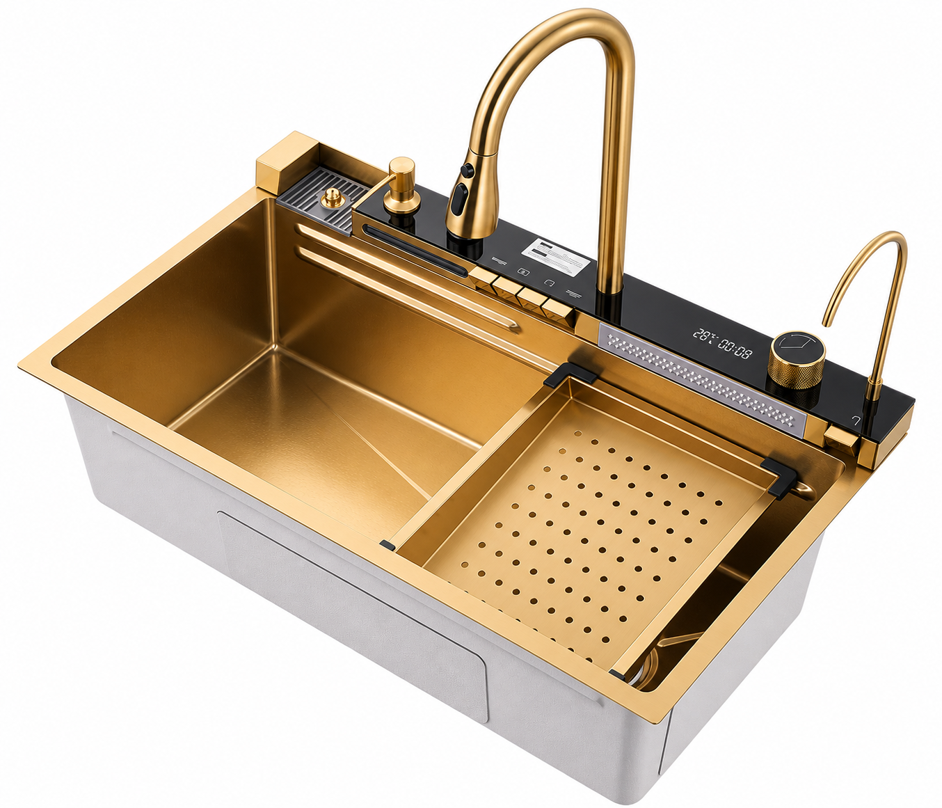 Chiuveta multifunctionala, 2 cascade, spalator pahar, dozator sapun, afisaj digital, accesorii incluse, 750x460 mm, auriu