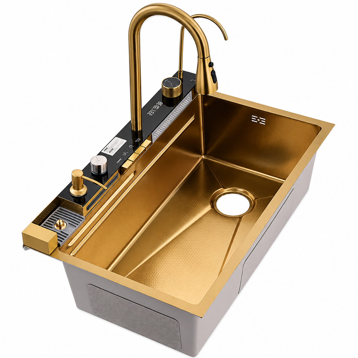 Chiuveta multifunctionala, 2 cascade, spalator pahar, dozator sapun, afisaj digital, accesorii incluse, 750x460 mm, auriu