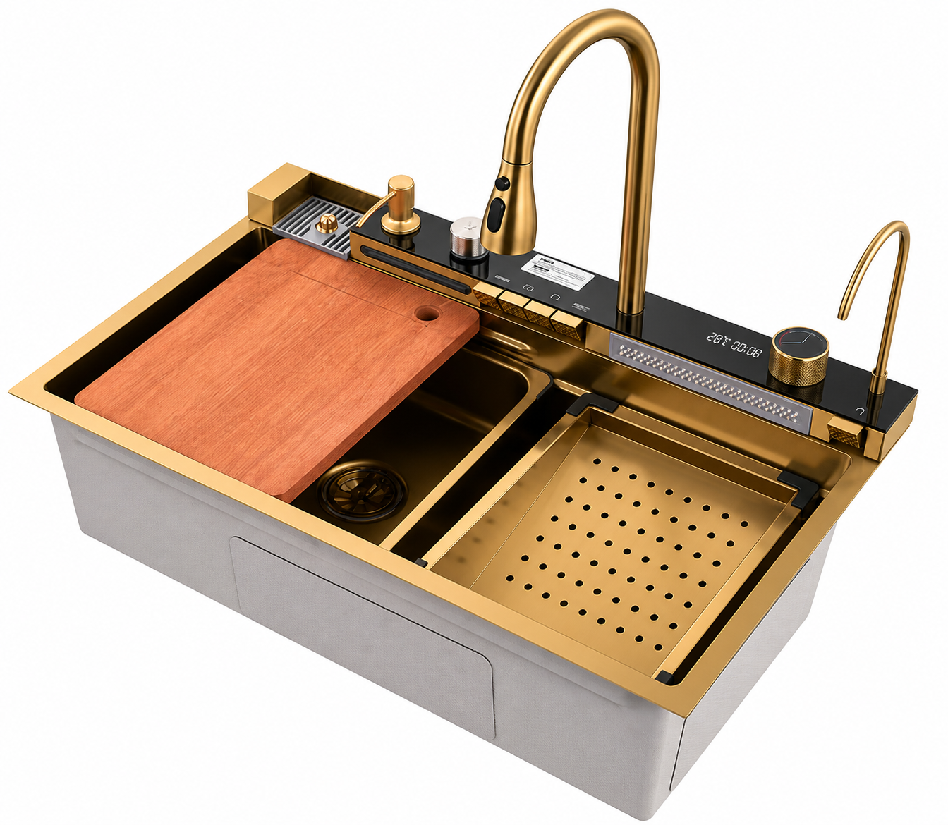 Chiuveta multifunctionala, 2 cascade, spalator pahar, dozator sapun, afisaj digital, accesorii incluse, 750x460 mm, auriu