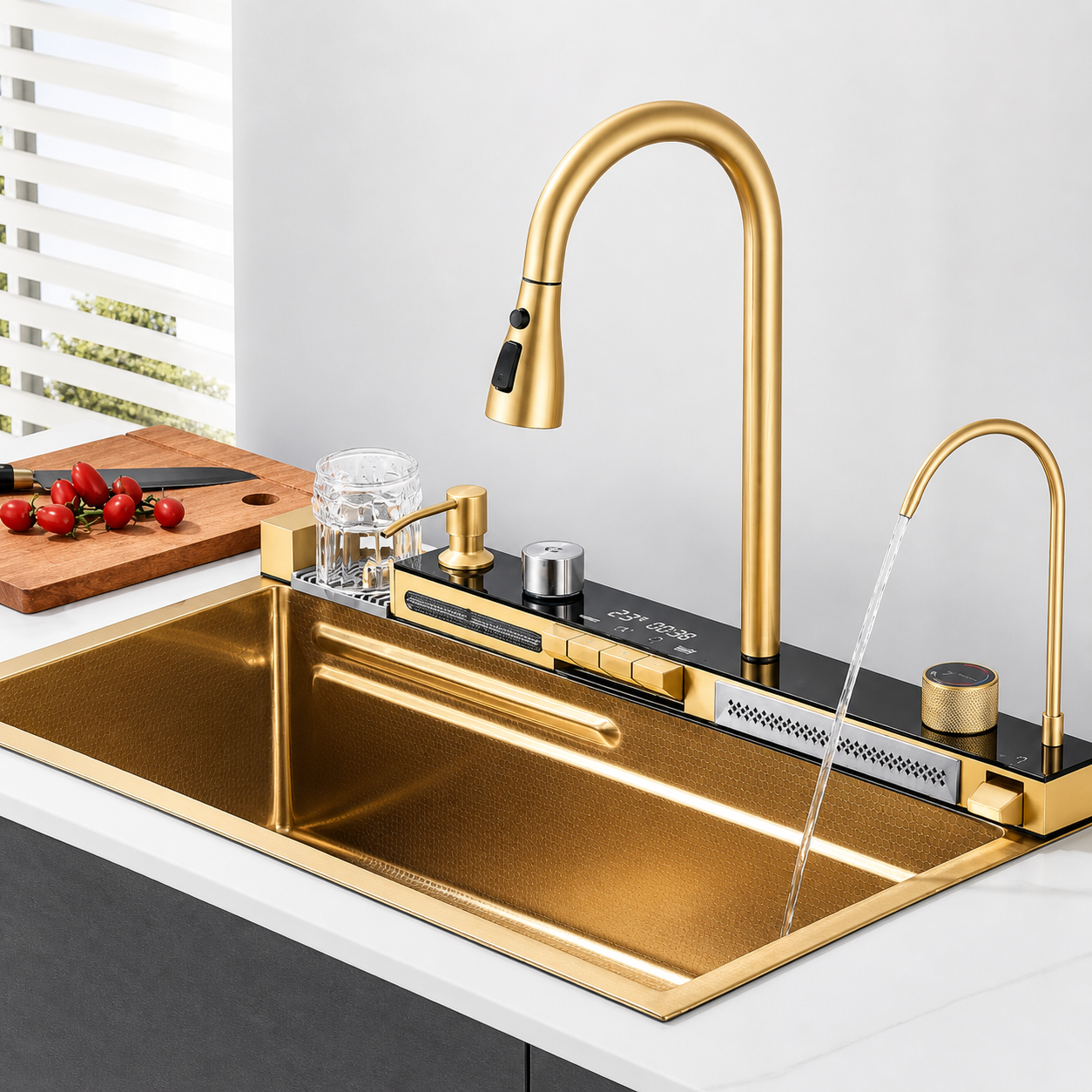 Chiuveta multifunctionala, 2 cascade, spalator pahar, dozator sapun, afisaj digital, accesorii incluse, 750x460 mm, auriu