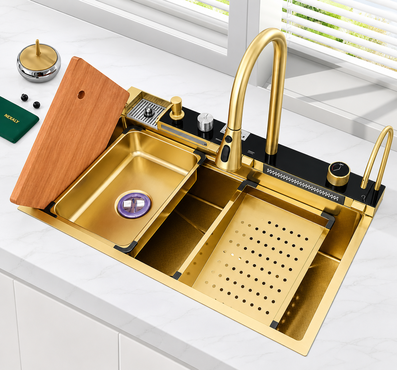Chiuveta multifunctionala, 2 cascade, spalator pahar, dozator sapun, afisaj digital, accesorii incluse, 750x460 mm, auriu