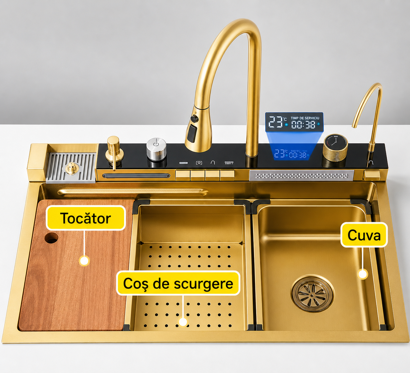 Chiuveta multifunctionala, 2 cascade, spalator pahar, dozator sapun, afisaj digital, accesorii incluse, 750x460 mm, auriu