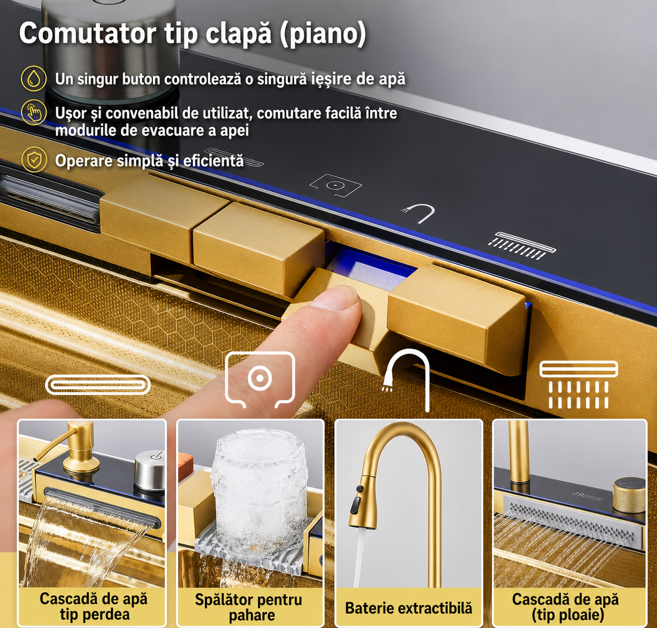 Chiuveta multifunctionala, 2 cascade, spalator pahar, dozator sapun, afisaj digital, accesorii incluse, 750x460 mm, auriu