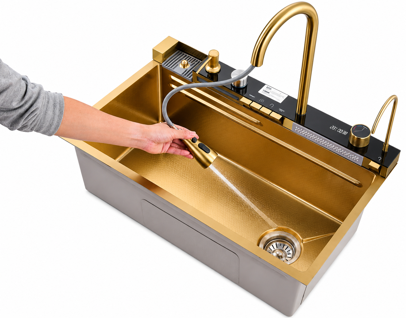 Chiuveta multifunctionala, 2 cascade, spalator pahar, dozator sapun, afisaj digital, accesorii incluse, 750x460 mm, auriu