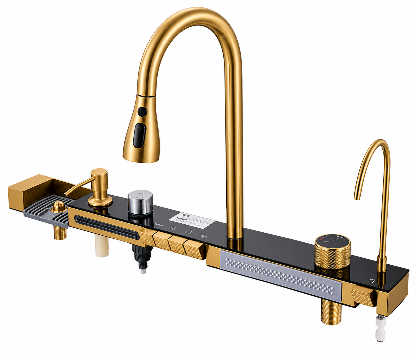 Chiuveta multifunctionala, 2 cascade, spalator pahar, dozator sapun, afisaj digital, accesorii incluse, 750x460 mm, auriu