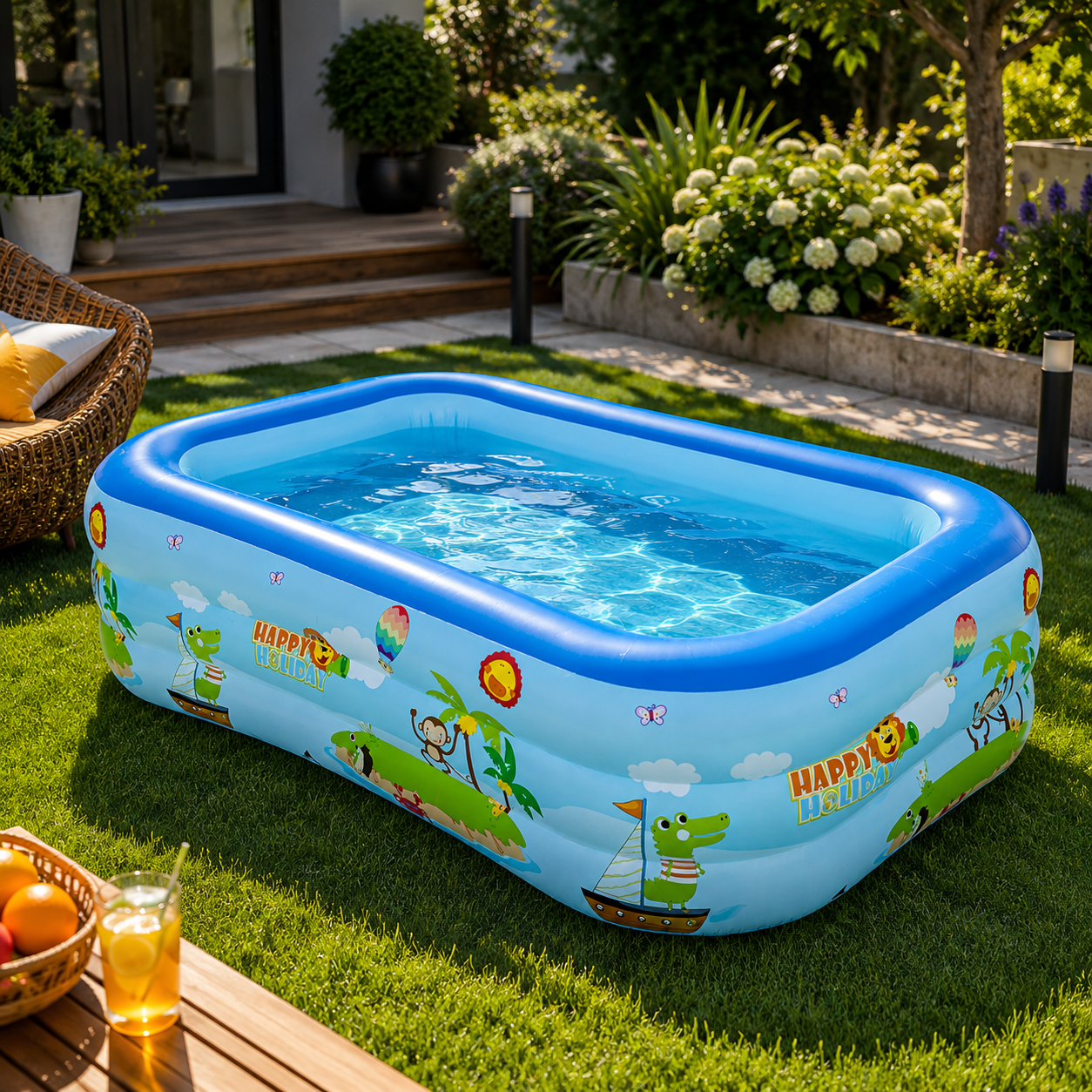 Piscina gonflabila dreptunghiulara pentru copii 3+ ani, 3 straturi, 305x183x60 cm + pompa umflat + colac cadou