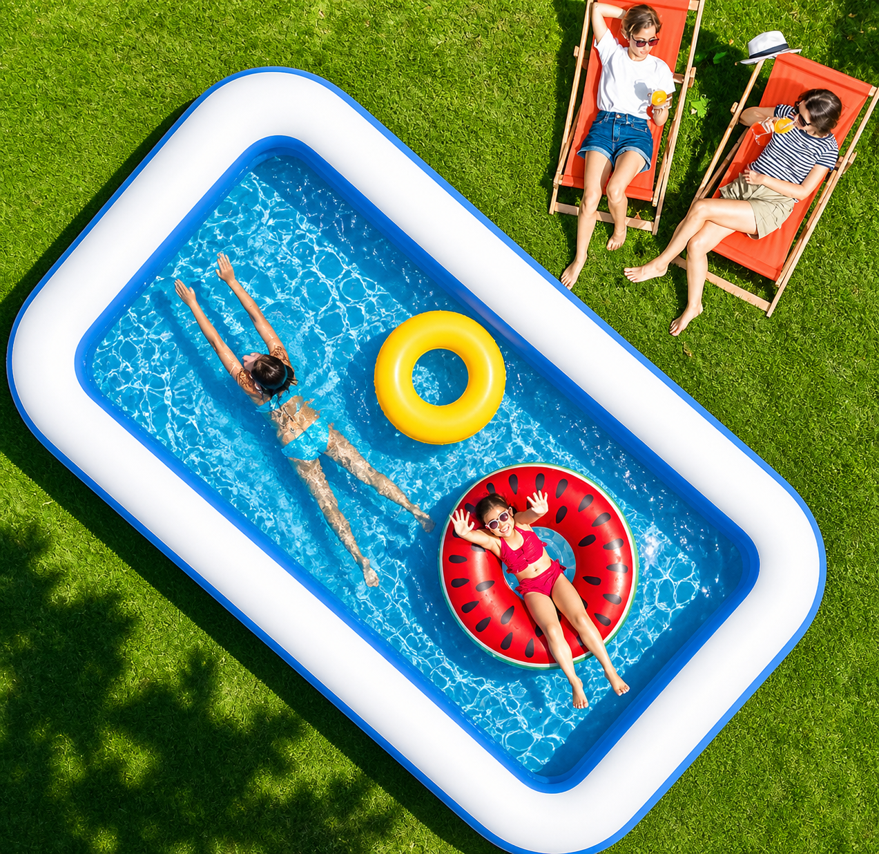 Piscina gonflabila dreptunghiulara pentru copii 3+ ani, 3 straturi, 305x183x60 cm + pompa umflat + colac cadou