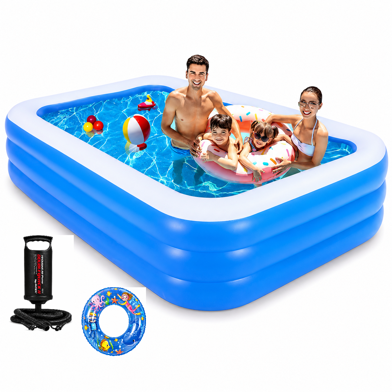 Piscina gonflabila dreptunghiulara, baza moale, 3 inele, 200x120x50 cm + pompa umflat + colac cadou