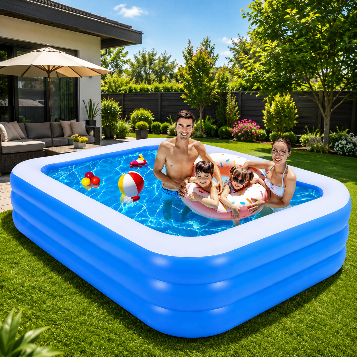Piscina gonflabila dreptunghiulara, baza moale, 3 inele, 200x120x50 cm + pompa umflat + colac cadou