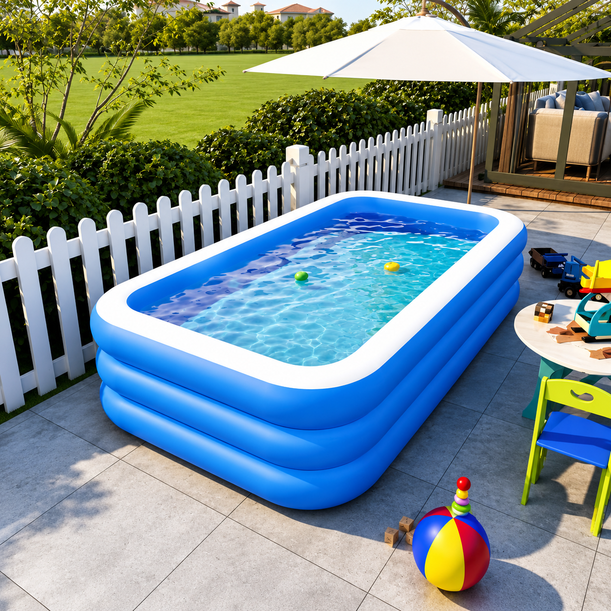 Piscina gonflabila dreptunghiulara, baza moale, 3 inele, 260x175x60 cm + pompa umflat + colac cadou