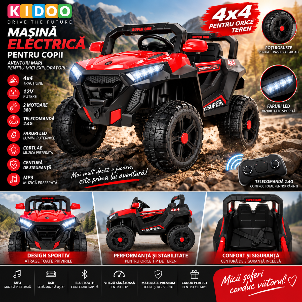Masina electrica KIDOO pentru copii, 4x4, 12V, 2 motoare 380, telecomanda 2.4G, suspensie, faruri LED, centura de siguranta, MP3,