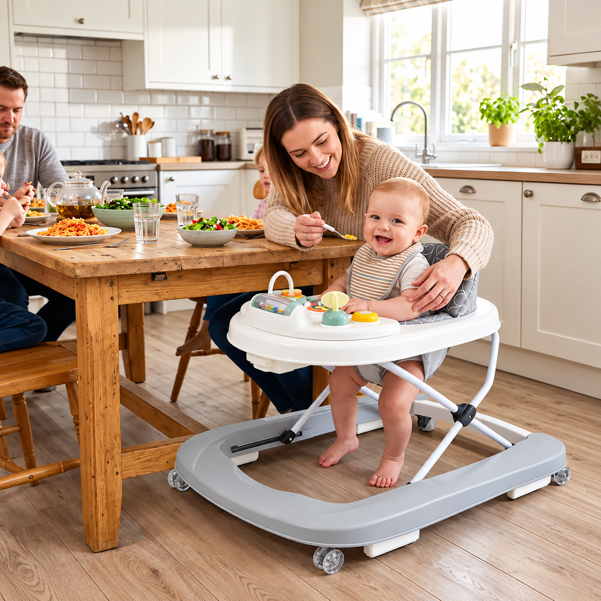 Premergator KIDDO Baby Walker pentru Bebelusi, 6-18 Luni, Panou Interactiv, Scaun Confortabil, Mod Impingere, Baza Lata, Max. 12 kg