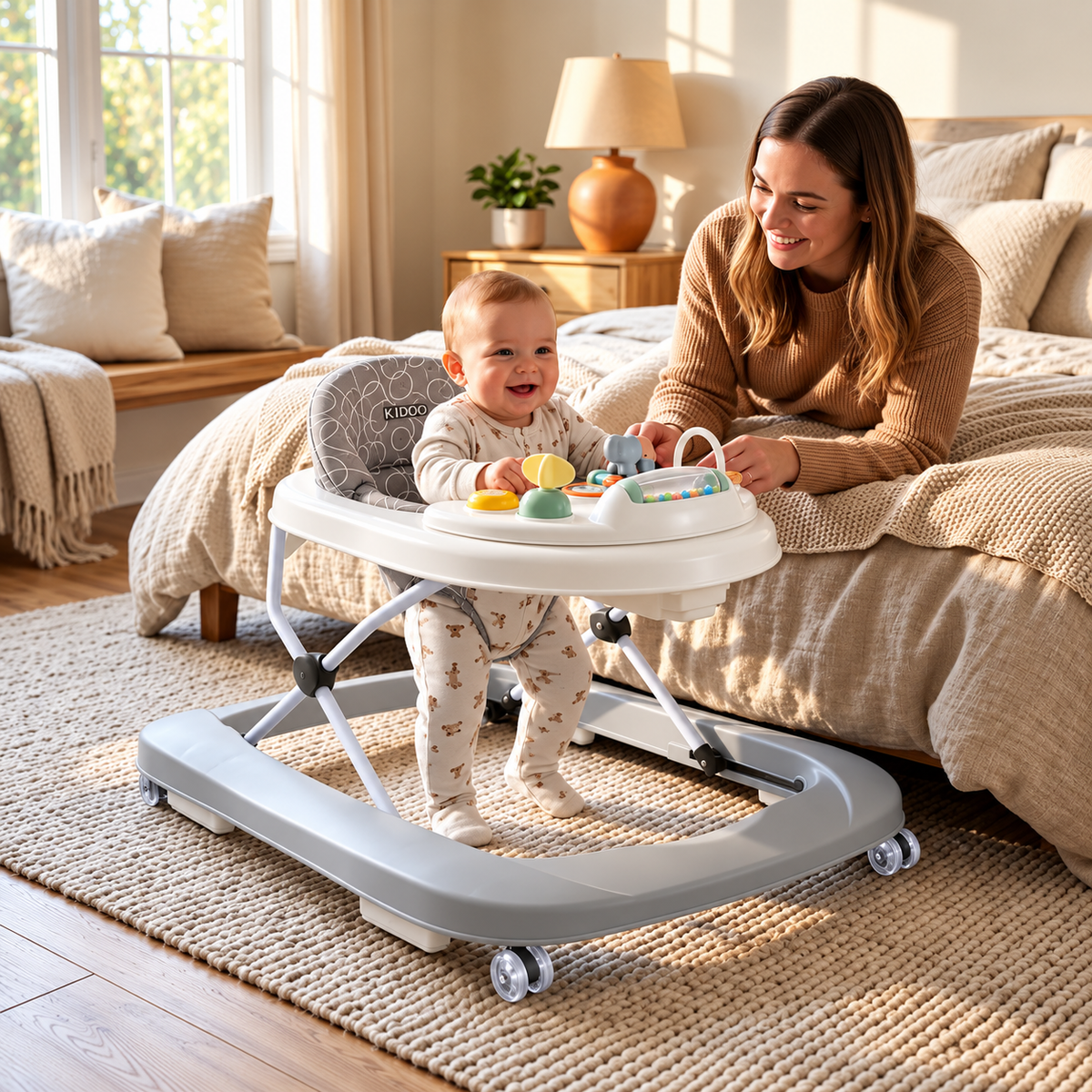 Premergator KIDDO Baby Walker pentru Bebelusi, 6-18 Luni, Panou Interactiv, Scaun Confortabil, Mod Impingere, Baza Lata, Max. 12 kg