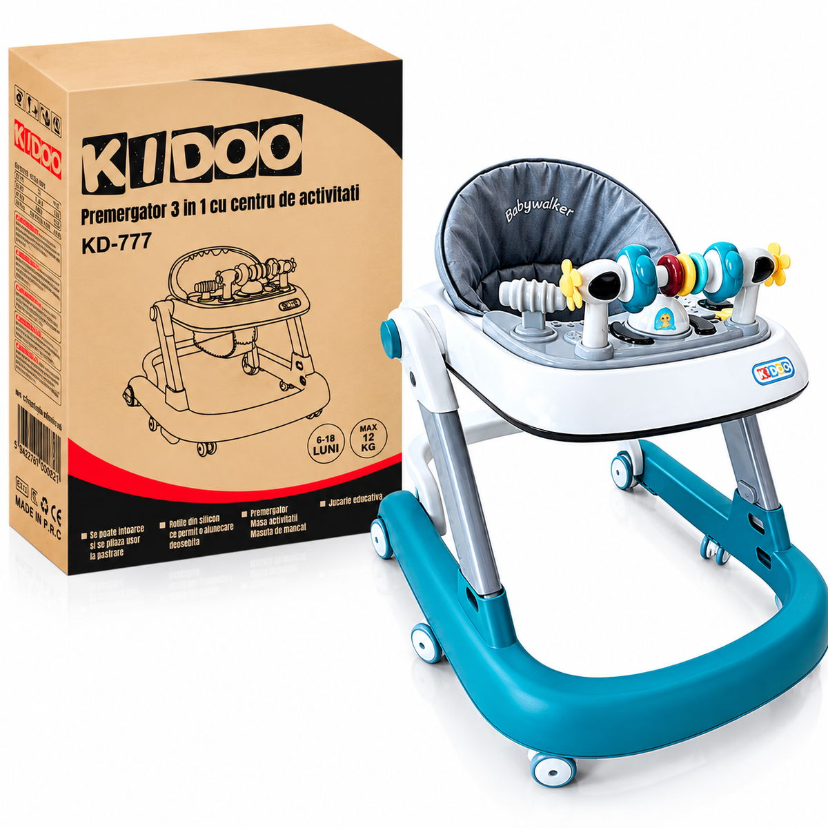 Premergator Educational 3 in 1 pentru Bebelusi, Masuta de Activitati, Antemergator cu Maner, Panou Muzical Detasabil, Reglabil pe Inaltime, Pliabil, Max. 25 kg