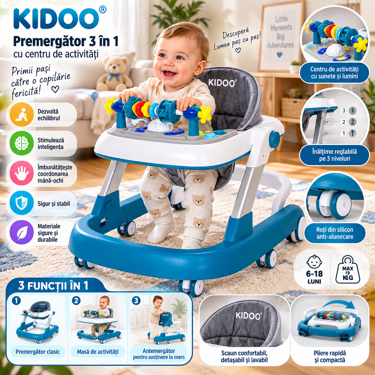 Premergator Educational 3 in 1 pentru Bebelusi, Masuta de Activitati, Antemergator cu Maner, Panou Muzical Detasabil, Reglabil pe Inaltime, Pliabil, Max. 25 kg