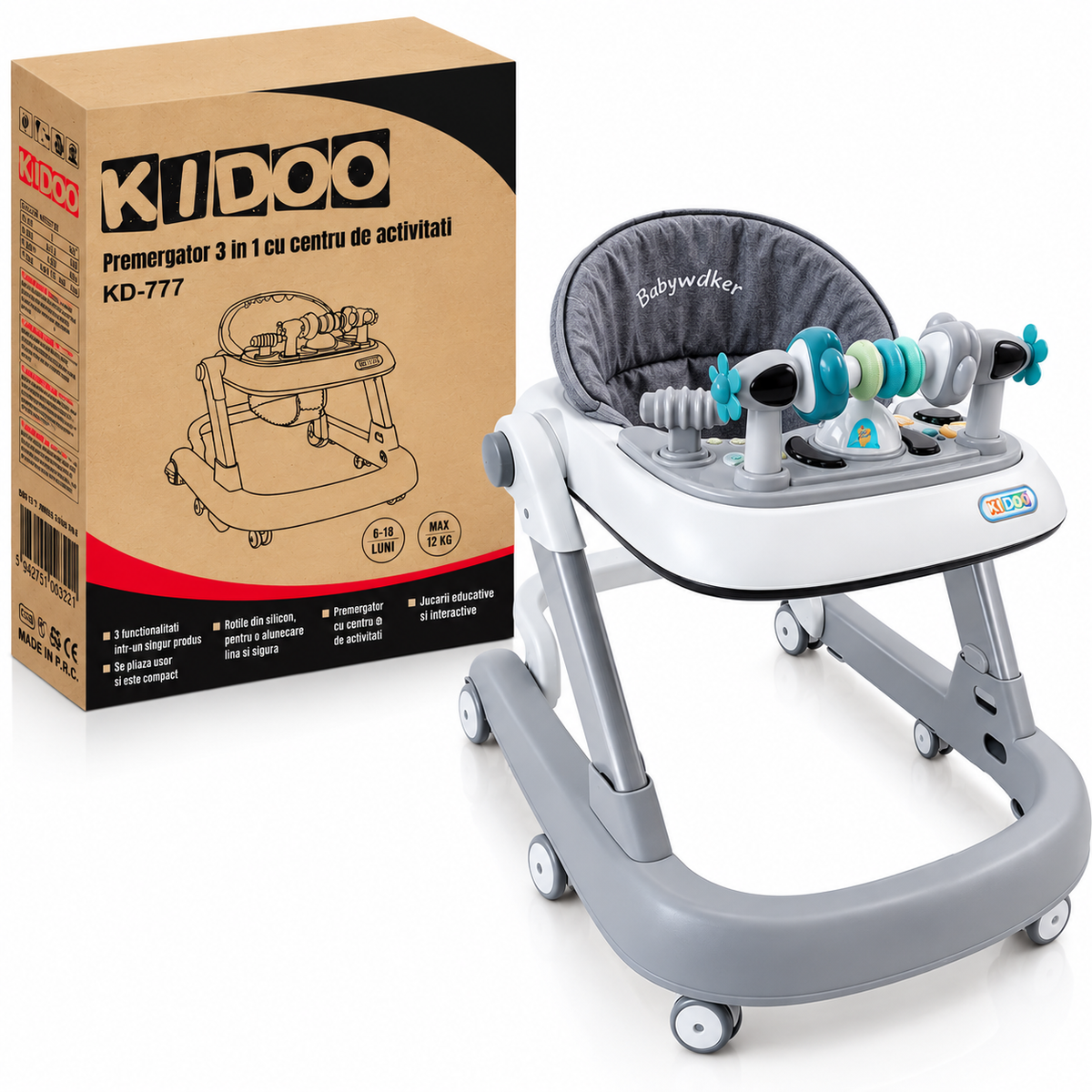 Premergator Educational 3 in 1 pentru Bebelusi, Masuta de Activitati, Antemergator cu Maner, Panou Muzical Detasabil, Reglabil pe Inaltime, Pliabil, Max. 25 kg