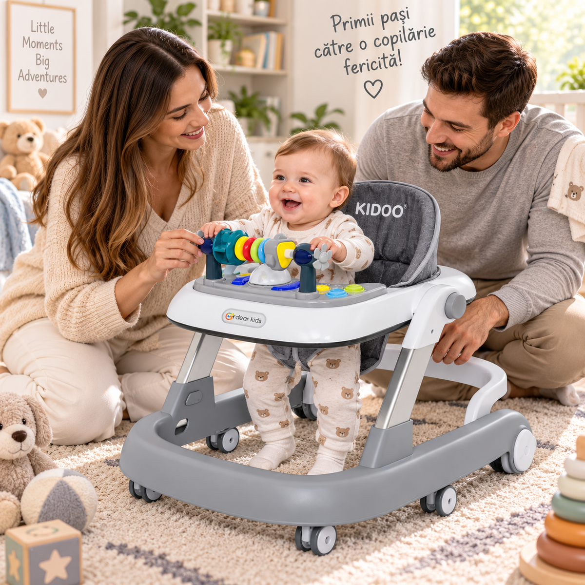 Premergator Educational 3 in 1 pentru Bebelusi, Masuta de Activitati, Antemergator cu Maner, Panou Muzical Detasabil, Reglabil pe Inaltime, Pliabil, Max. 25 kg