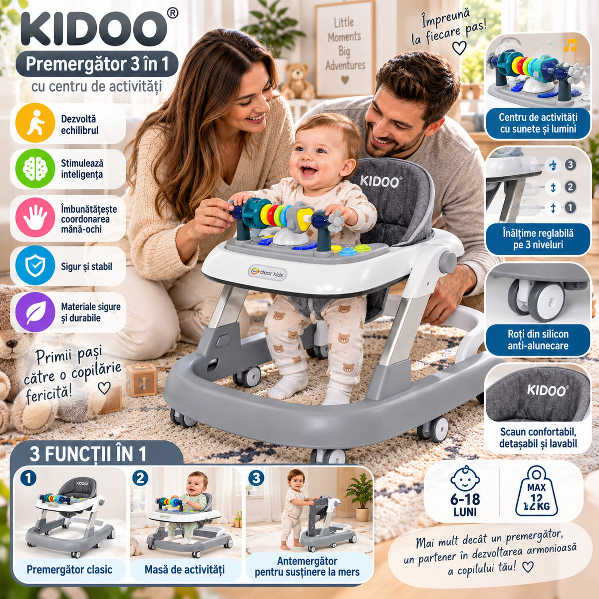 Premergator Educational 3 in 1 pentru Bebelusi, Masuta de Activitati, Antemergator cu Maner, Panou Muzical Detasabil, Reglabil pe Inaltime, Pliabil, Max. 25 kg