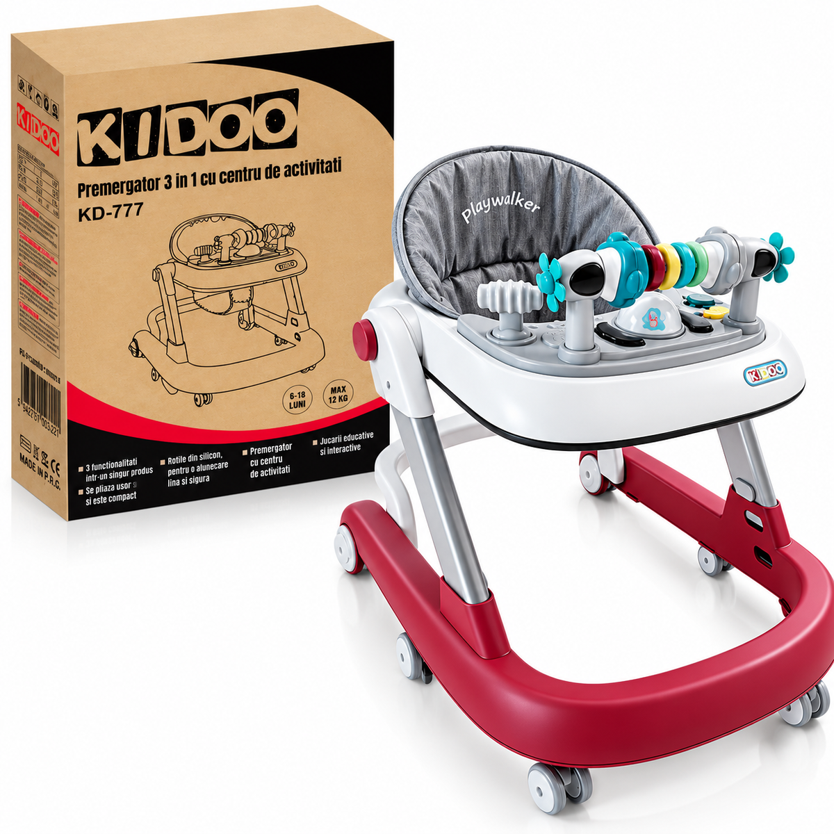 Premergator Educational 3 in 1 pentru Bebelusi, Masuta de Activitati, Antemergator cu Maner, Panou Muzical Detasabil, Reglabil pe Inaltime, Pliabil, Max. 25 kg