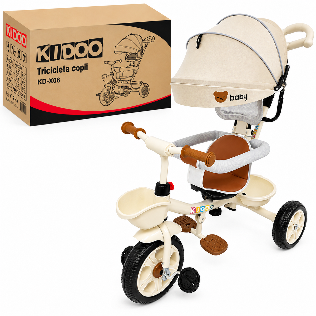 Tricicleta Evolutiva KIDDO  pentru Copii, 9 Luni - 6 Ani, Scaun Rotativ 360°, Copertina UV, Maner Parental, Roti din Cauciuc