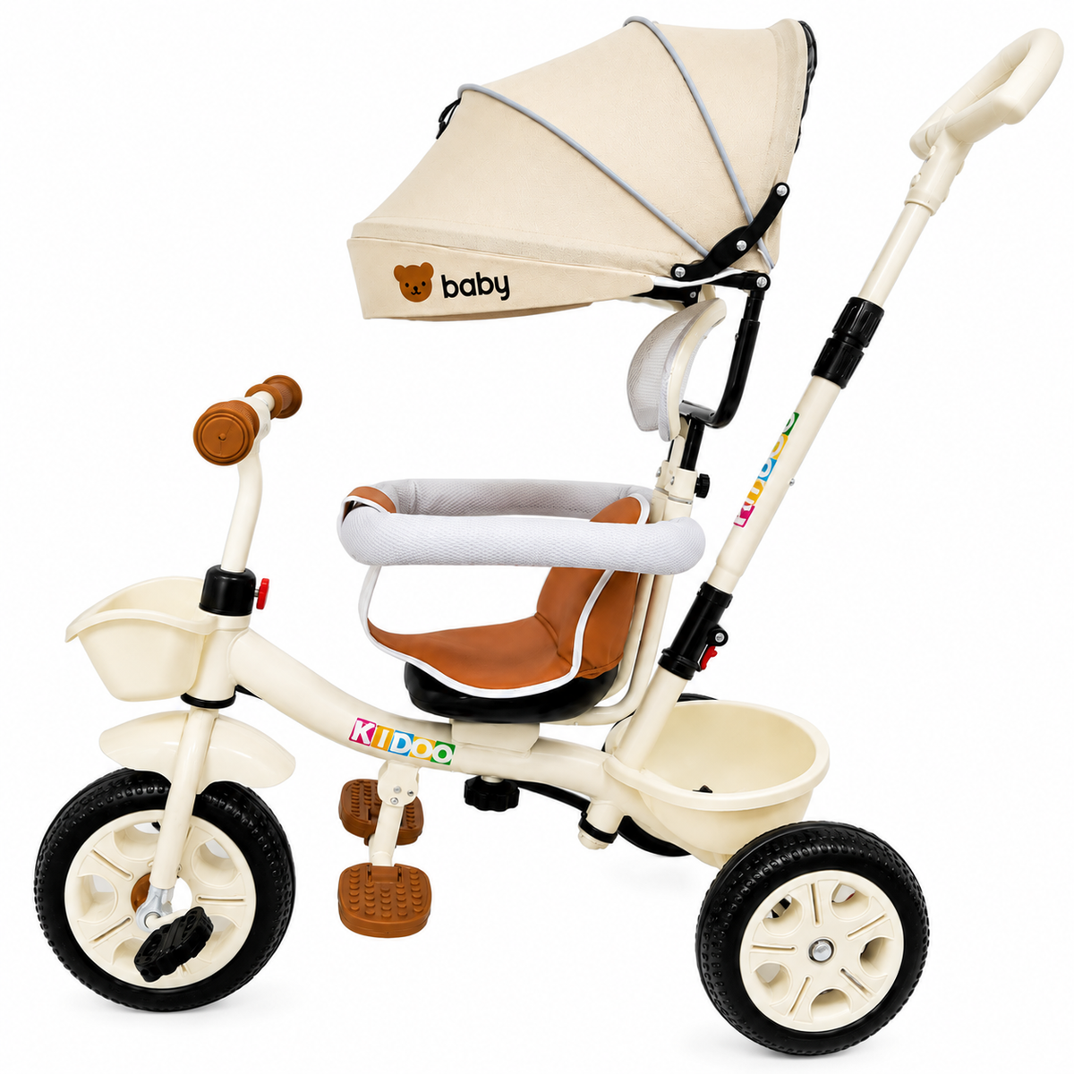 Tricicleta Evolutiva KIDDO  pentru Copii, 9 Luni - 6 Ani, Scaun Rotativ 360°, Copertina UV, Maner Parental, Roti din Cauciuc
