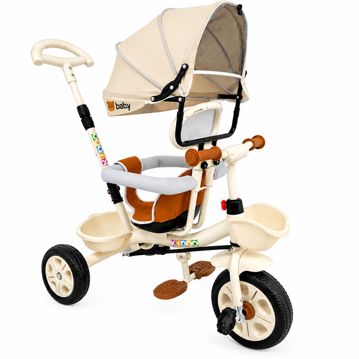 Tricicleta Evolutiva KIDDO  pentru Copii, 9 Luni - 6 Ani, Scaun Rotativ 360°, Copertina UV, Maner Parental, Roti din Cauciuc