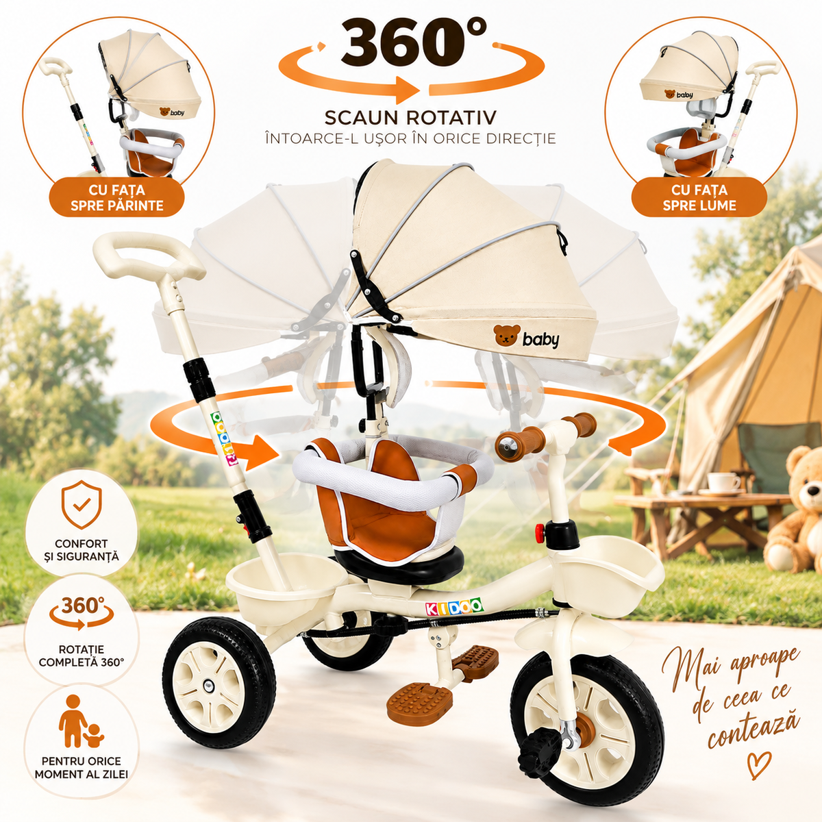 Tricicleta Evolutiva KIDDO  pentru Copii, 9 Luni - 6 Ani, Scaun Rotativ 360°, Copertina UV, Maner Parental, Roti din Cauciuc