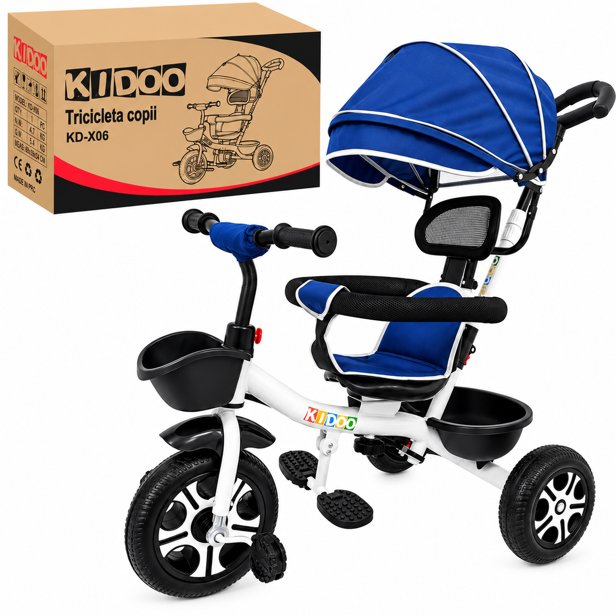 Tricicleta Evolutiva KIDDO  pentru Copii, 9 Luni - 6 Ani, Scaun Rotativ 360°, Copertina UV, Maner Parental, Roti din Cauciuc