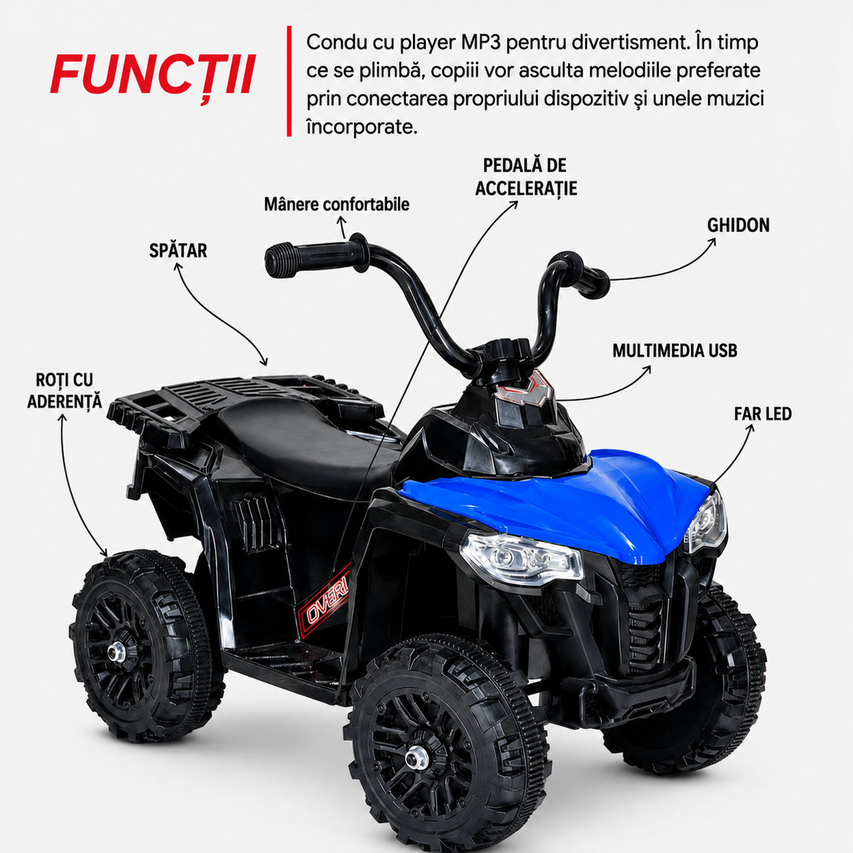 ATV electric pentru copii KIDOO, 6V, motor 380, faruri LED, pornire cu buton, design fff-road