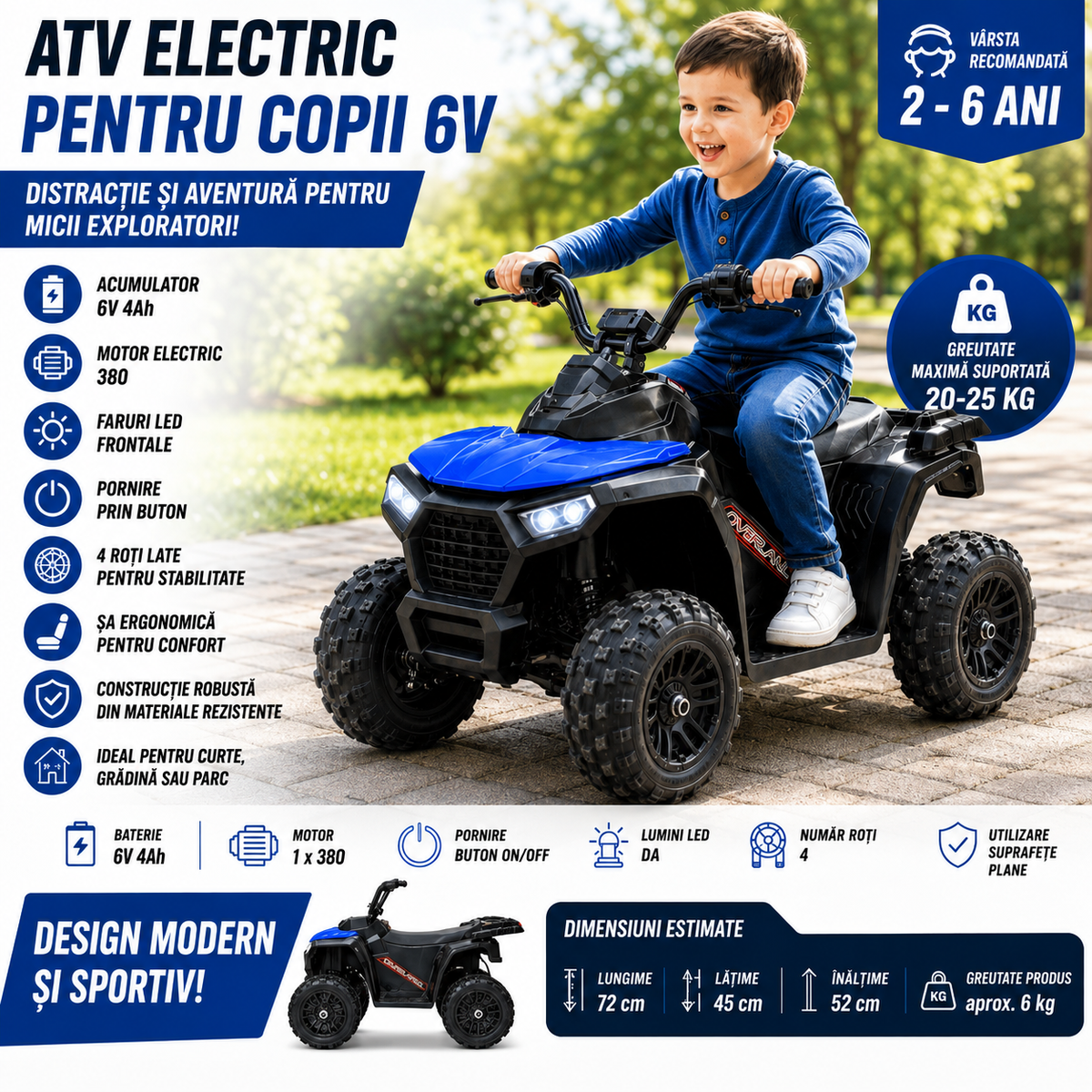 ATV electric pentru copii KIDOO, 6V, motor 380, faruri LED, pornire cu buton, design fff-road