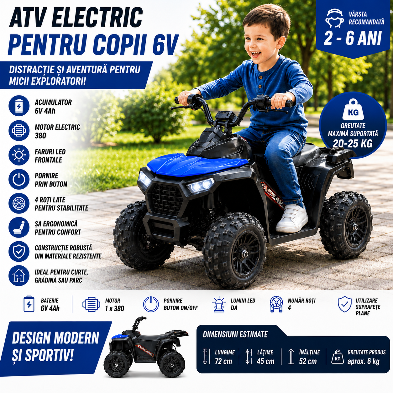 ATV electric pentru copii KIDOO, 6V, motor 380, faruri LED, pornire cu buton, design fff-road