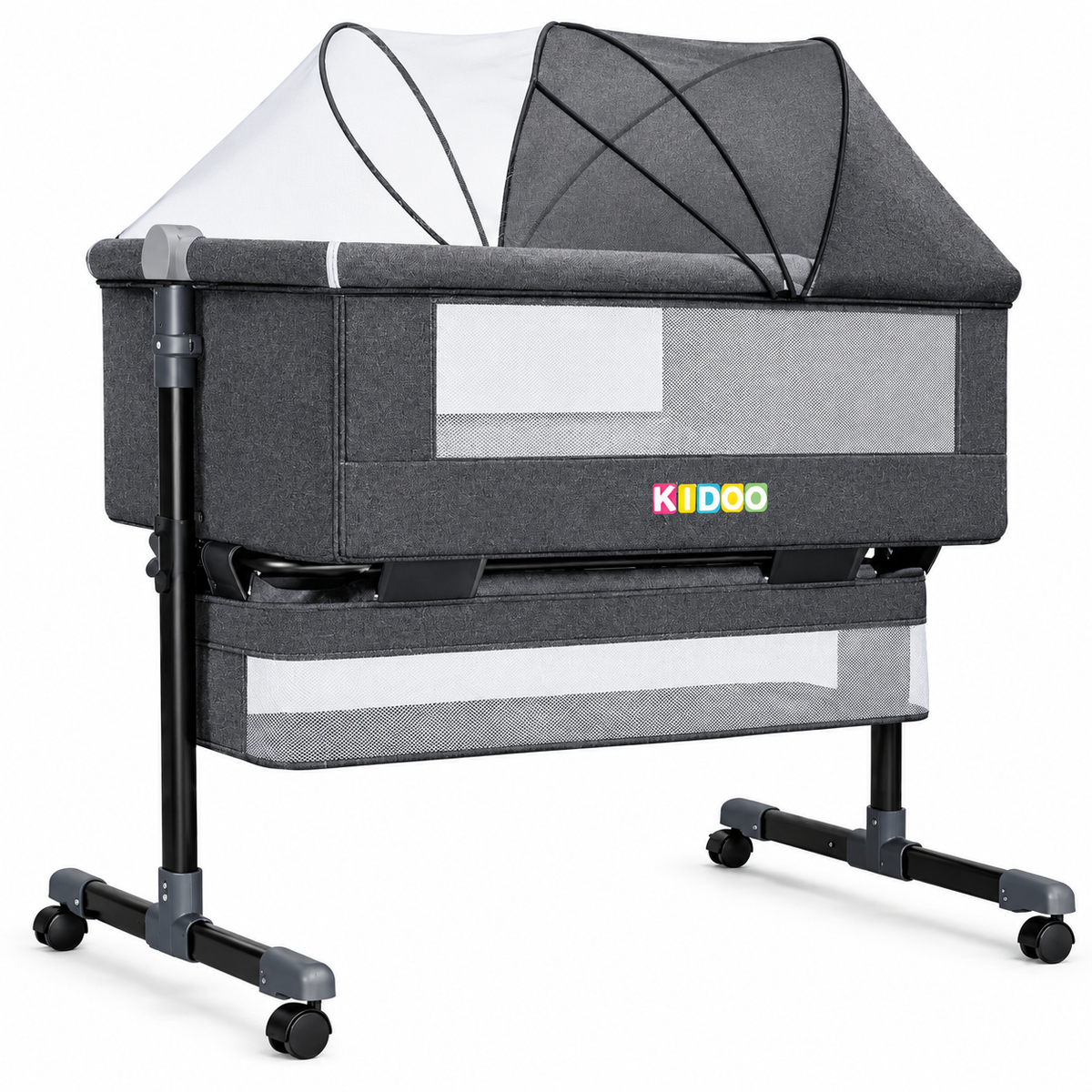 Patut reglabil si portabil 6 in 1 KIDOO pentru bebe, cu saltea, plasa anti-tantari si cos de depozitare