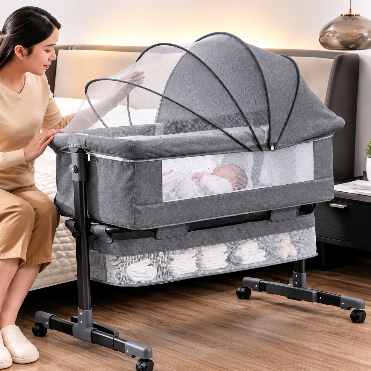 Patut reglabil si portabil 6 in 1 KIDOO pentru bebe, cu saltea, plasa anti-tantari si cos de depozitare
