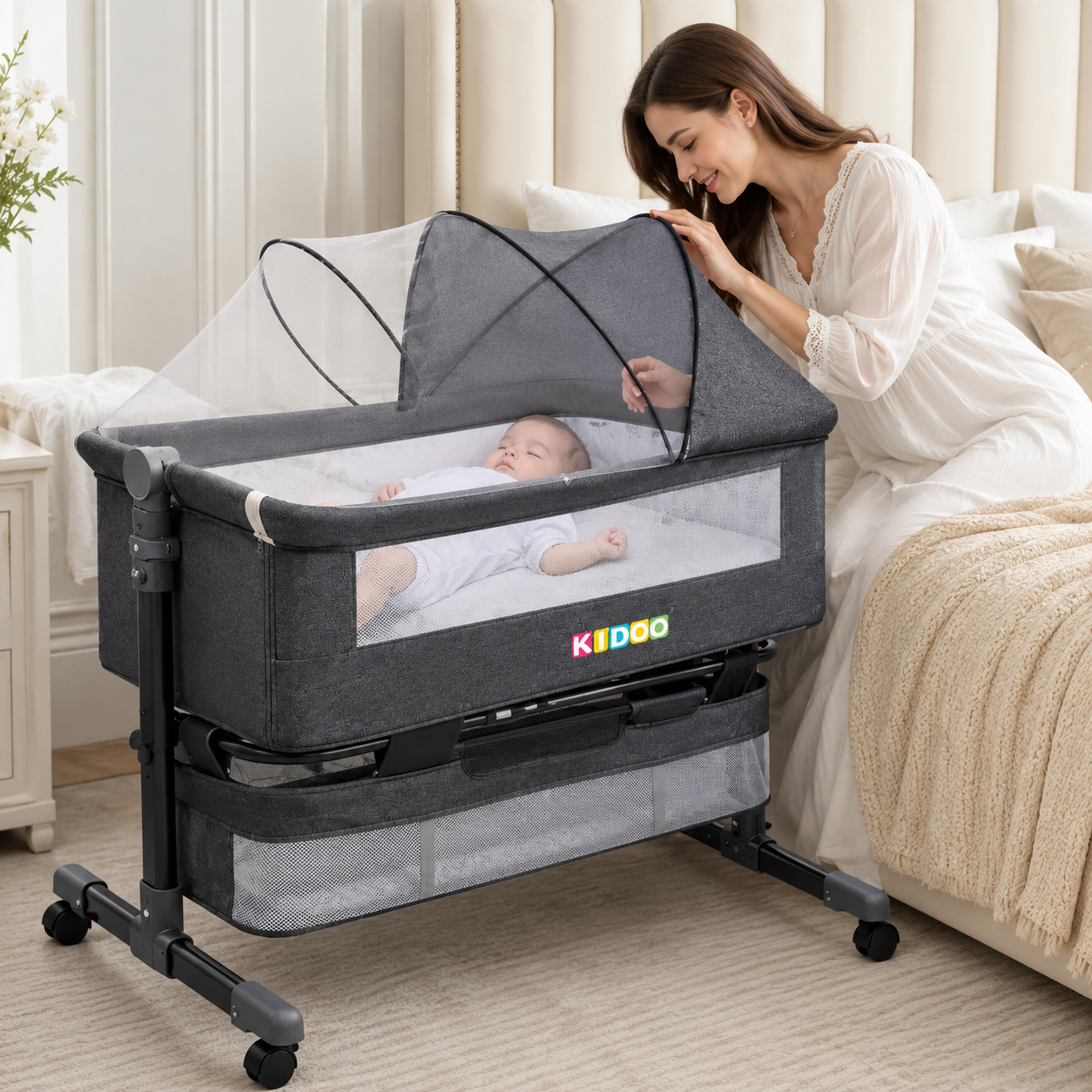 Patut reglabil si portabil 6 in 1 KIDOO pentru bebe, cu saltea, plasa anti-tantari si cos de depozitare