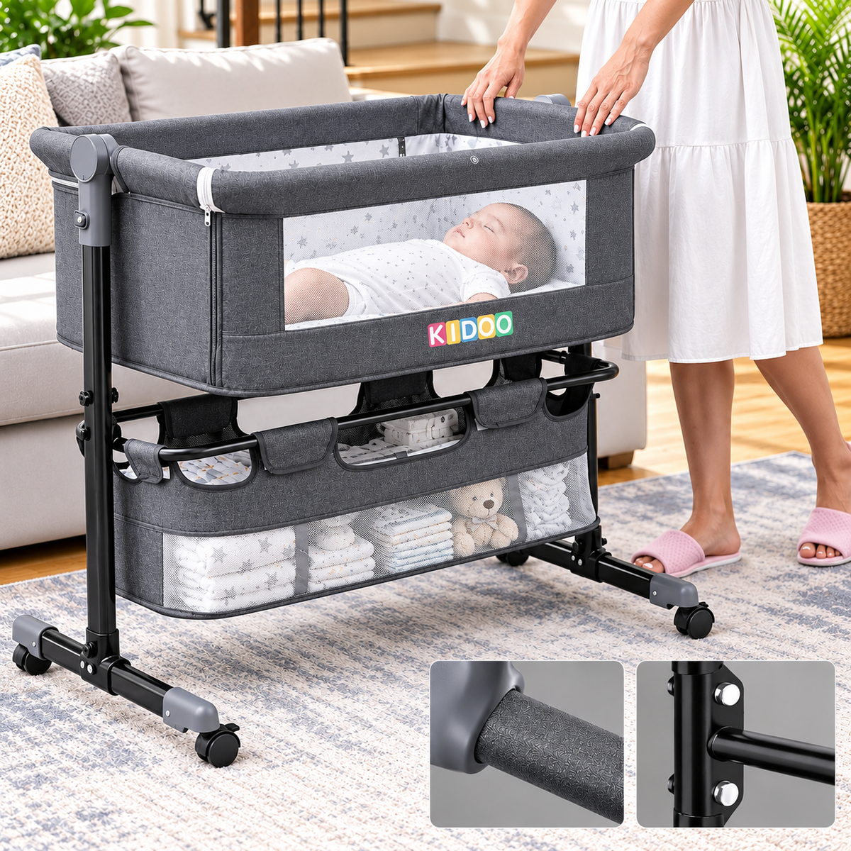 Patut reglabil si portabil 6 in 1 KIDOO pentru bebe, cu saltea, plasa anti-tantari si cos de depozitare