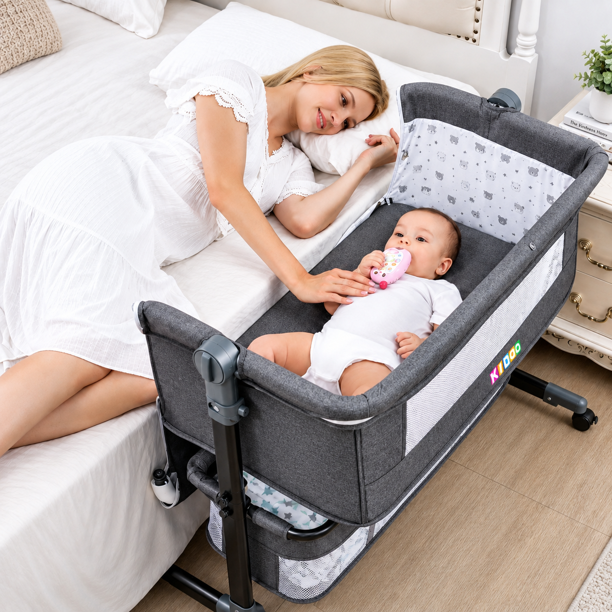 Patut reglabil si portabil 6 in 1 KIDOO pentru bebe, cu saltea, plasa anti-tantari si cos de depozitare