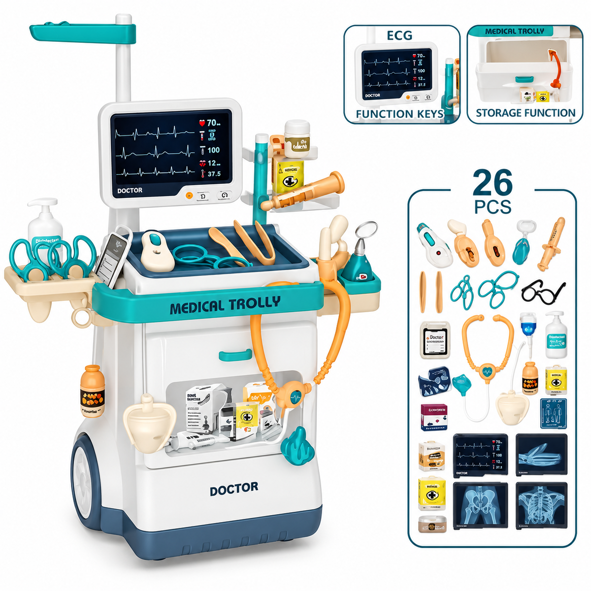 Set Medical 26 piese pentru Copii – Trusa Doctor cu Troler si Monitor Electronic