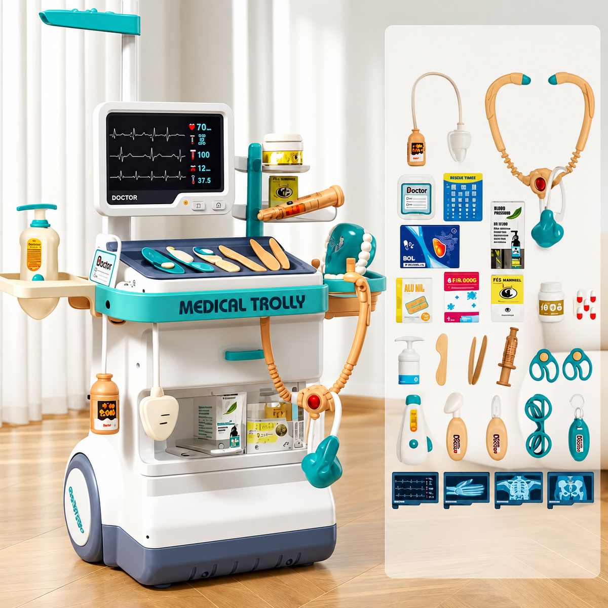 Set Medical 26 piese pentru Copii – Trusa Doctor cu Troler si Monitor Electronic