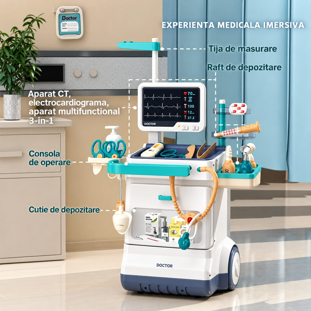 Set Medical 26 piese pentru Copii – Trusa Doctor cu Troler si Monitor Electronic