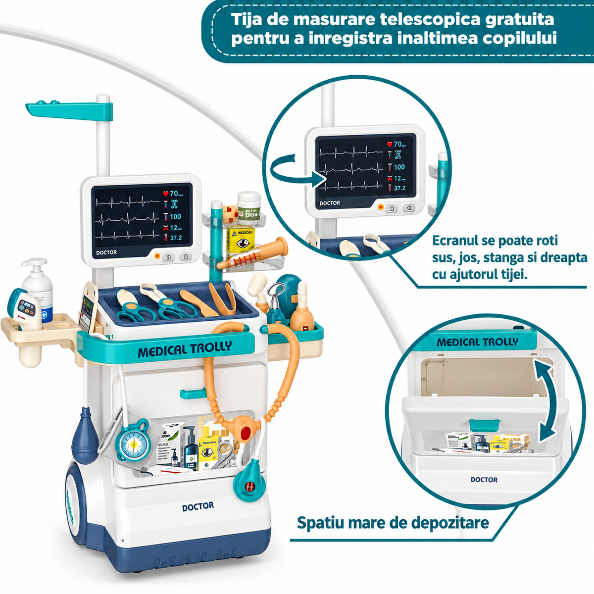 Set Medical 26 piese pentru Copii – Trusa Doctor cu Troler si Monitor Electronic
