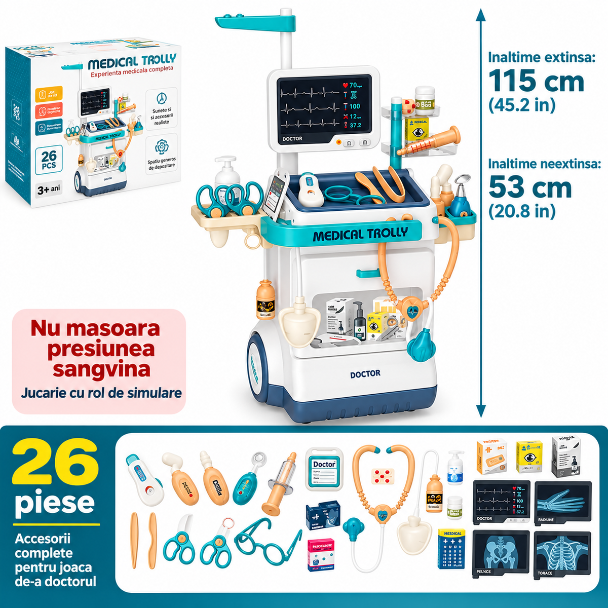 Set Medical 26 piese pentru Copii – Trusa Doctor cu Troler si Monitor Electronic