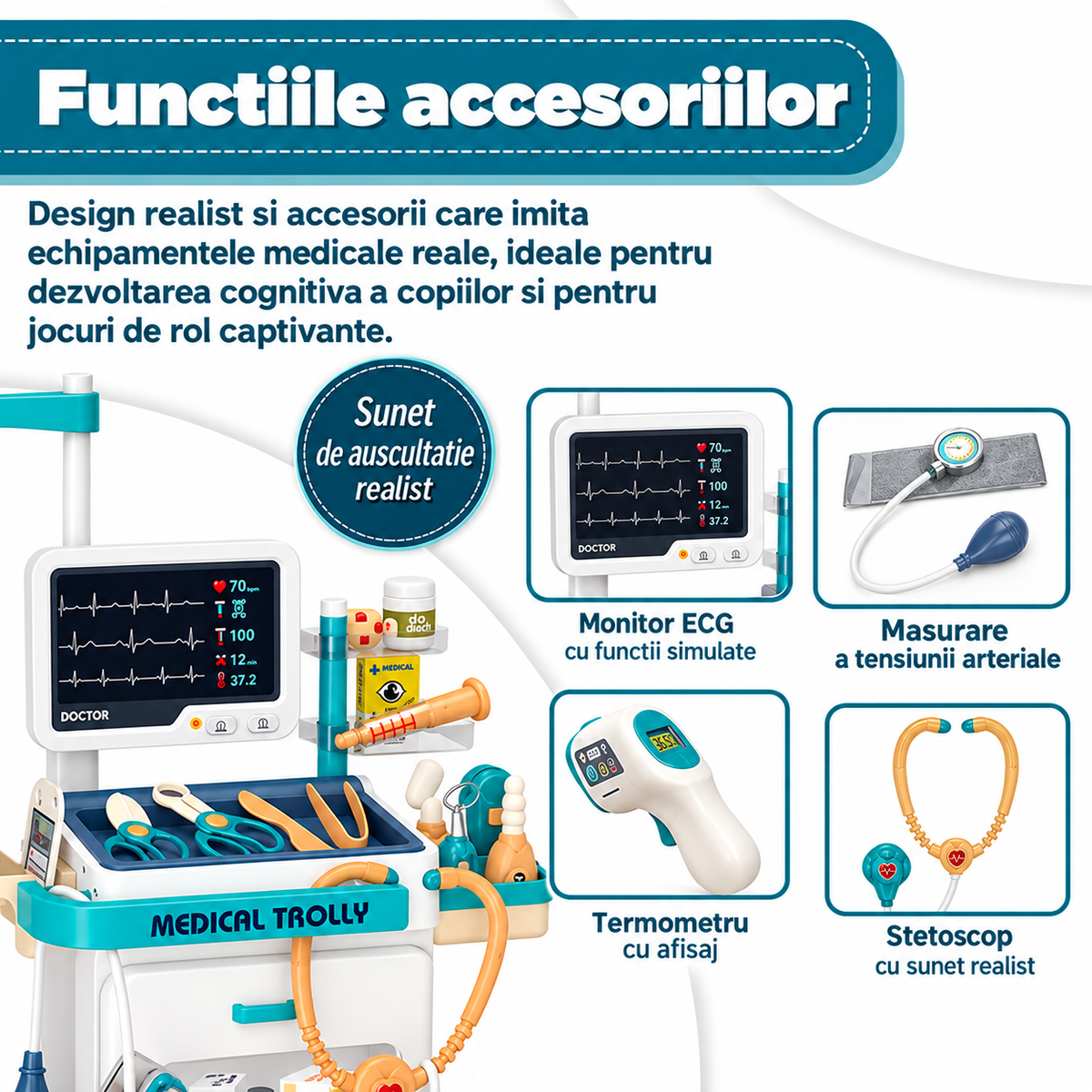 Set Medical 26 piese pentru Copii – Trusa Doctor cu Troler si Monitor Electronic