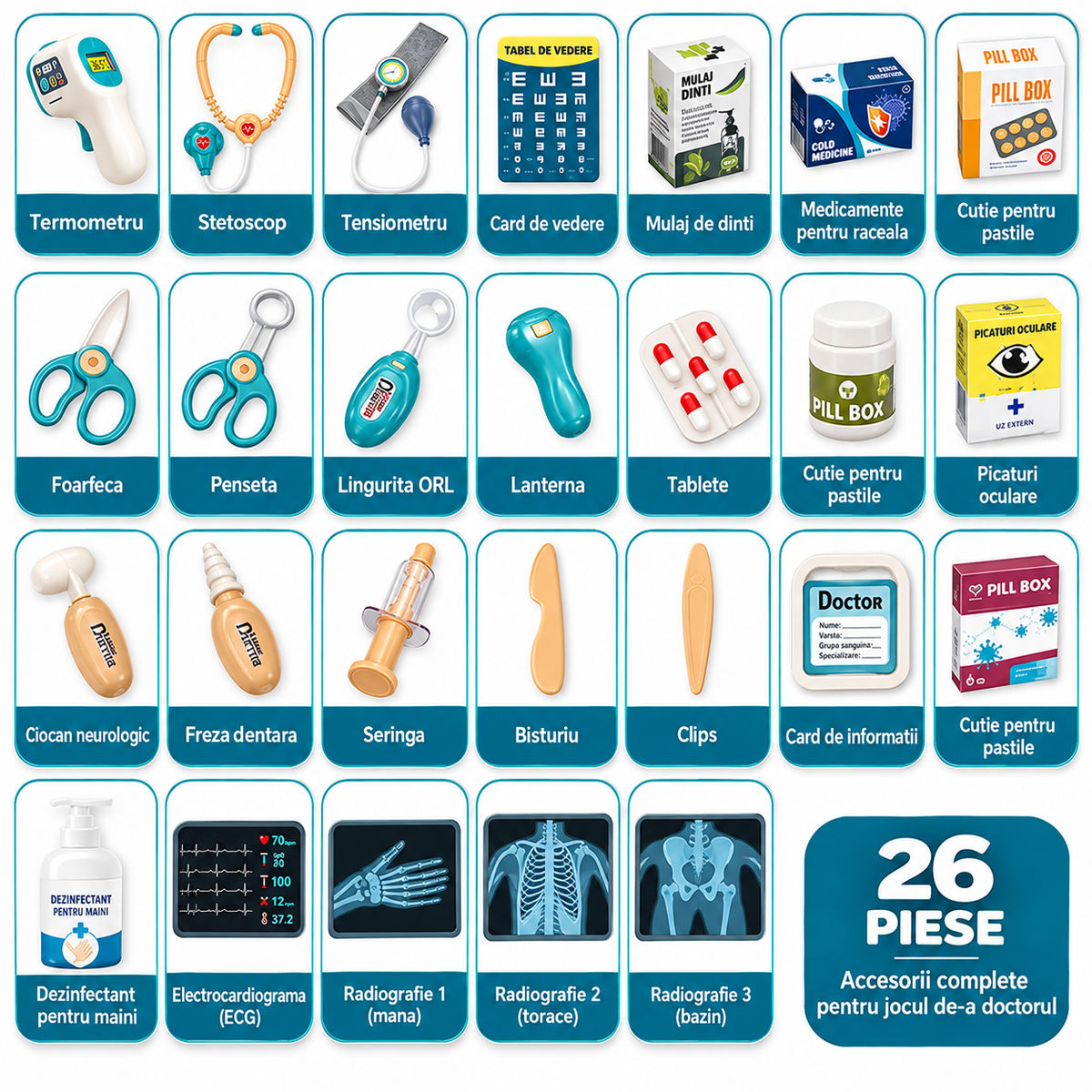 Set Medical 26 piese pentru Copii – Trusa Doctor cu Troler si Monitor Electronic