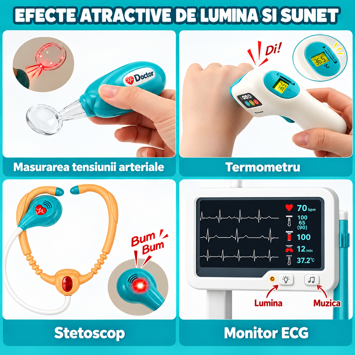 Set Medical 26 piese pentru Copii – Trusa Doctor cu Troler si Monitor Electronic