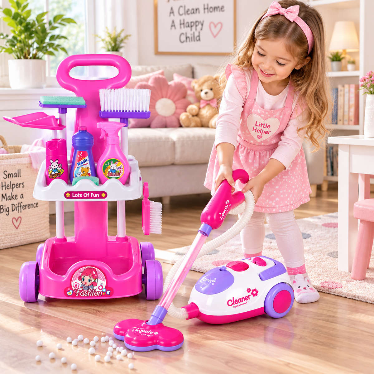 Set de Joaca Interactiv si Educativ pentru Copii – Banc de Curatenie cu Aspirator Functional, Mop, Matura si 14 Accesorii