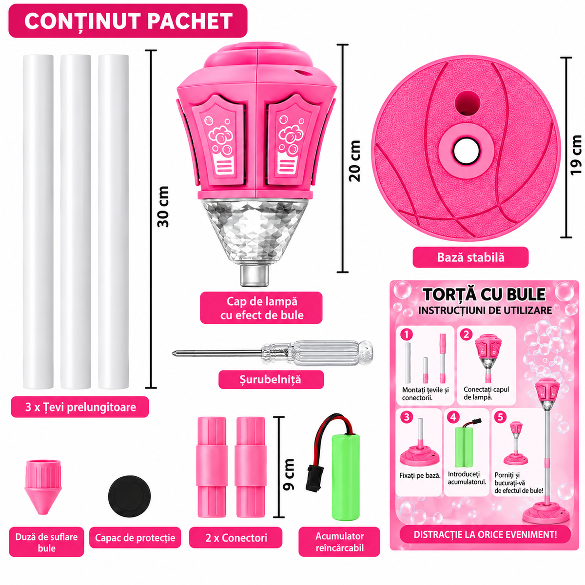 Lampa Bubble Torch pentru Copii cu Baloane de Sapun si Lumini, Inaltime Reglabila 57-119 cm, Jucarie 3+ Ani