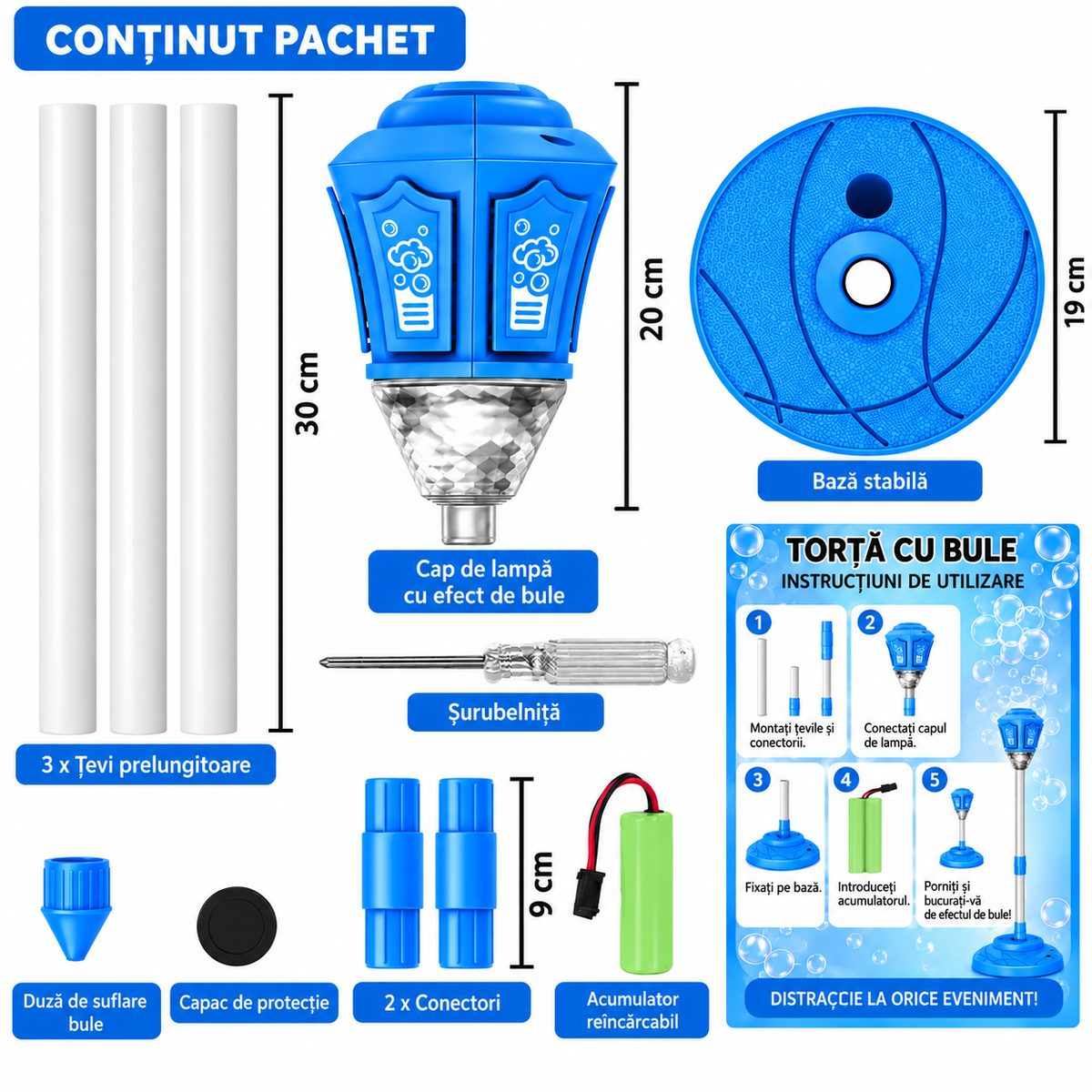 Lampa Bubble Torch pentru Copii cu Baloane de Sapun si Lumini, Inaltime Reglabila 57-119 cm, Jucarie 3+ Ani