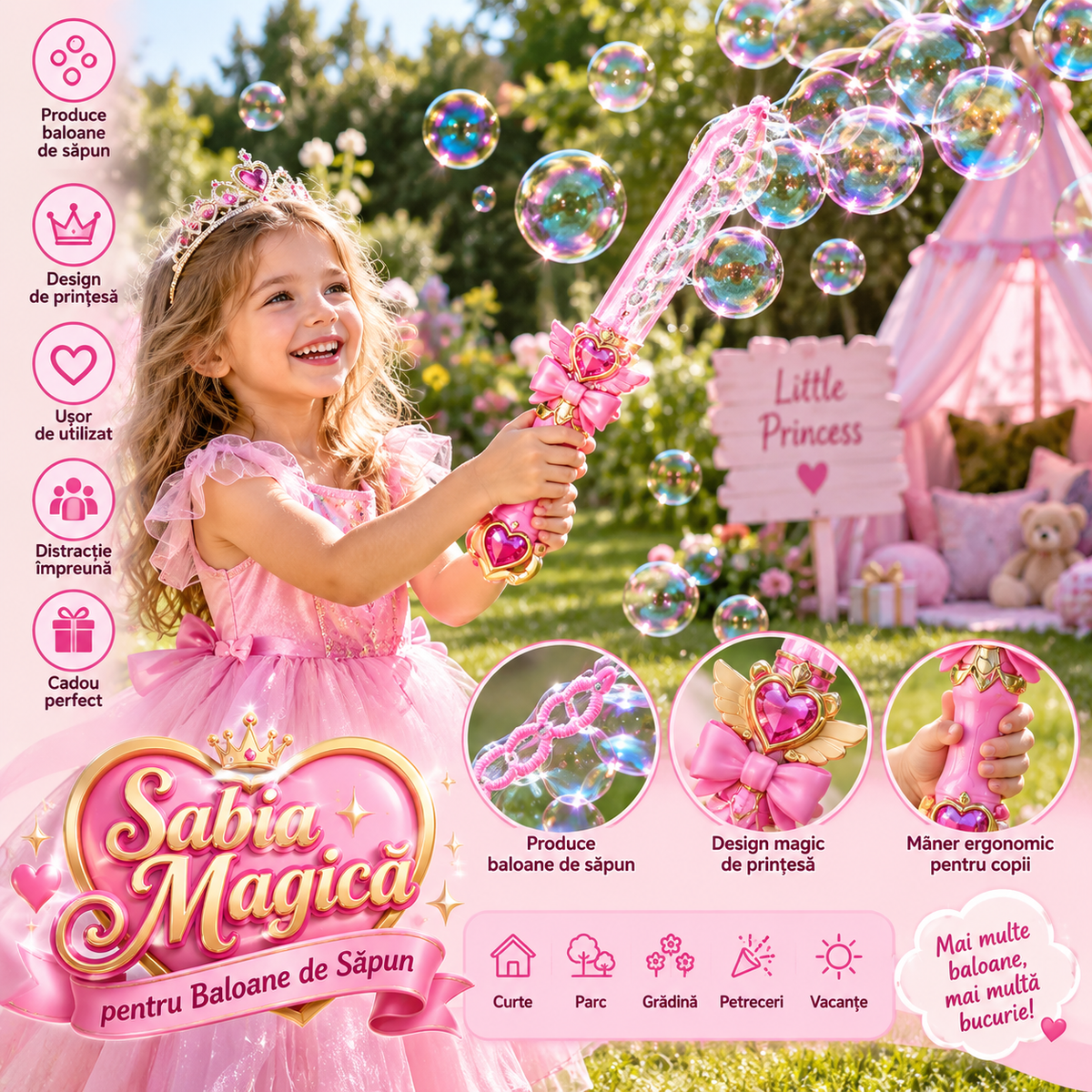 Jucarie Sabie Magica pentru Baloane de Sapun – Design Printesa, Efect Automat cu Bule