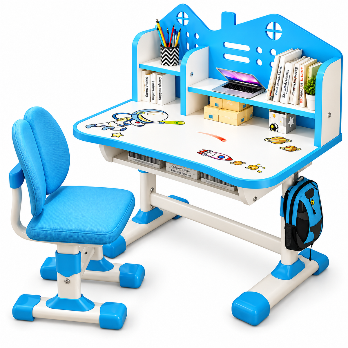 Set Birou si Scaun Ergonomic pentru Copii, Reglabil pe Inaltime, cu Raft pentru Carti, Design Astronaut